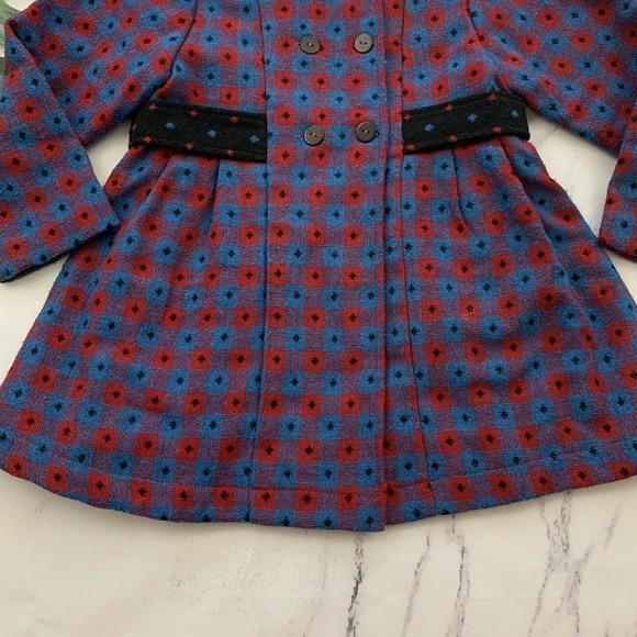 Petit Confection Girls Retro Coat Size 5 Blue Red Double Button Peter Pan Collar - Picture 5 of 11